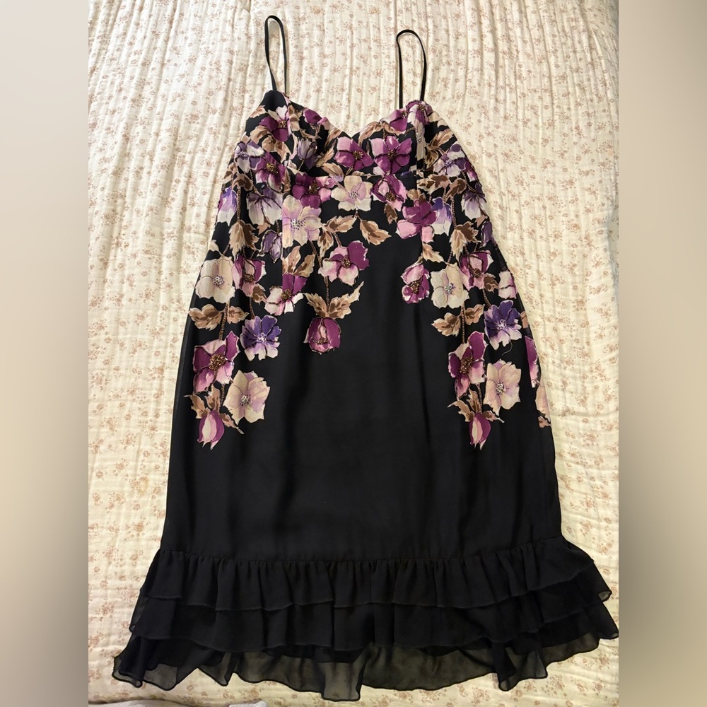 Adrianna Papell Floral Silk Dress in Purple and Black 14 petite